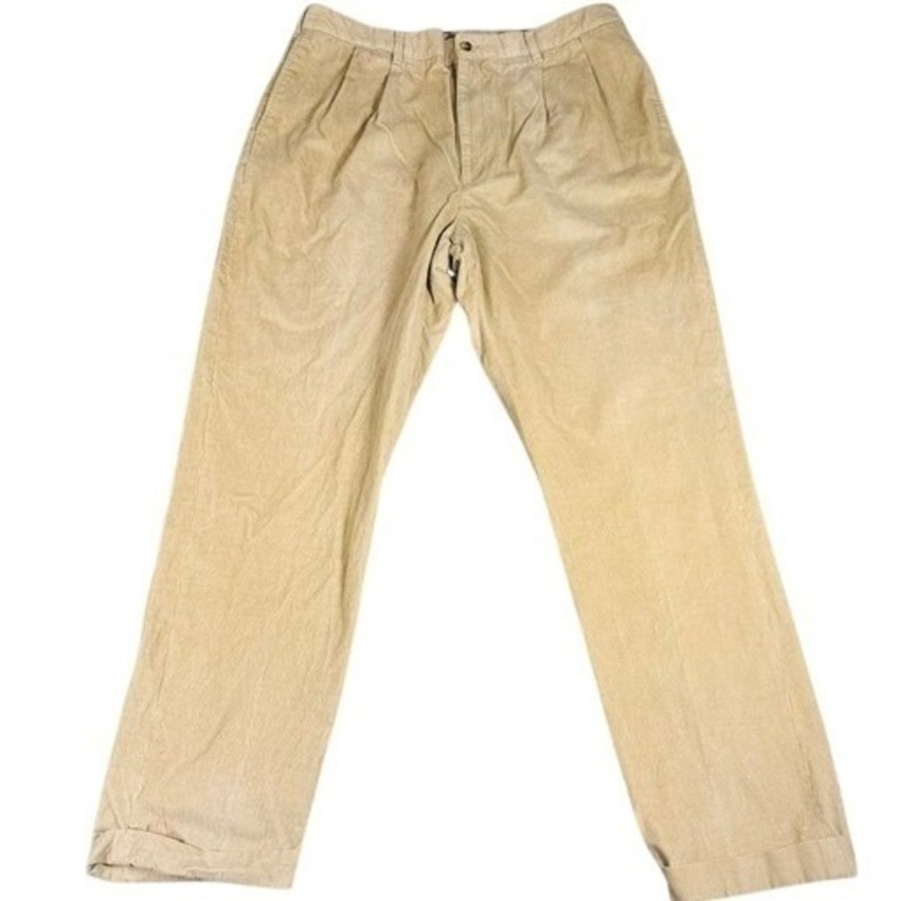 Alan Flusser Pants Mens 38x32 Tan Corduroy Pleated‎ Cuffed Cotton Trousers Beige